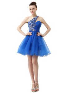 Royal Blue A-line Organza One Shoulder Sleeveless Beading Knee Length Criss Cross Dress for Prom