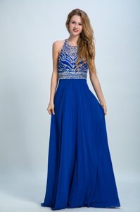Sweet Scoop Floor Length Criss Cross Dress for Prom Royal Blue and In for Prom and Party with Beading
