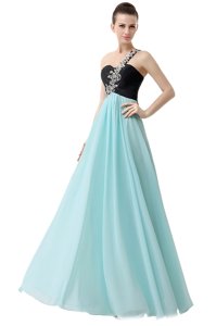 Nice One Shoulder Sleeveless Prom Dress Floor Length Beading and Ruffles Blue And Black Chiffon