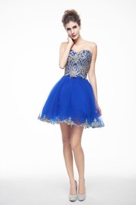 Stunning Royal Blue Side Zipper Prom Dress Beading and Embroidery Sleeveless Mini Length