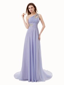 Superior One Shoulder Floor Length Empire Sleeveless Lavender Prom Dress Brush Train Zipper