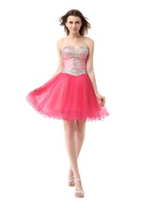 Clearance Coral Red Organza Zipper Sweetheart Sleeveless Knee Length Prom Gown Beading