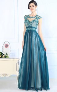Scoop Teal Sleeveless Chiffon Zipper Evening Dress for Prom and Party
