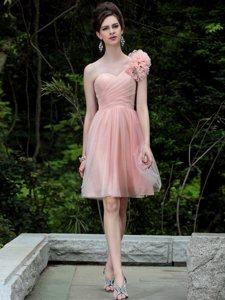 Tulle One Shoulder Sleeveless Side Zipper Beading and Hand Made Flower Prom Dress in Peach