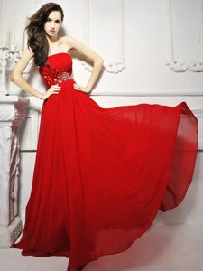 Fancy With Train Lace Up Red and In for Prom and Party with Beading and Ruching Brush Train