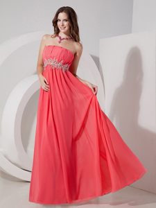 Ruche Strapless Prom Gown Dress Beading Waist Floor-length Watermelon