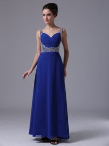 Latest Chiffon Ankle-length Prom Gown Dress Beaded Straps in Royal Blue