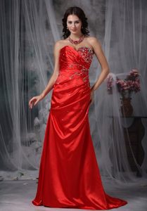Fave Beaded Strapless Prom Bridesmaid Dress Red Sweetheart Brush Train