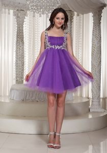 Purple Appliques Prom Cocktail Dress Square Neckline in Tulle Mini-length