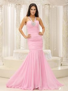 Beaded V-neck Ruches Mermaid Prom Court Dresses in Baby Pink 2014