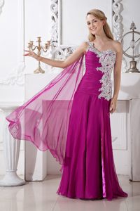 Appliqued and Ruched One Shoulder Prom Cocktail Dress in Fuchsia