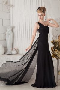 Ruched Black One Shoulder Prom Cocktail Dress with Watteau Train