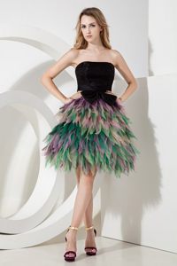 Black Knee Length Prom Cocktail Dress with Bow and Colorful Ruffles