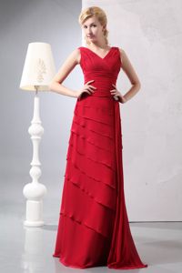 Red V-neck Floor Length Chiffon Prom Bridesmaid Dress with Ruches