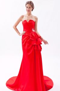 Brooch Accent Red Brush Prom Bridesmaid Dress with Slot Neckline
