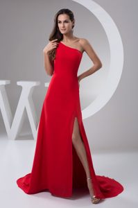 Red One Shoulder Prom Maxi Dress with High Slit and Brush Train