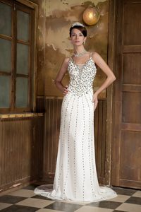 Beaded White Column Brush Prom Pageant Dress with Spaghetti Straps
