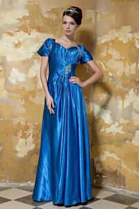 Blue Empire V-neck Beading Prom Pageant Dress with Short Sleeves