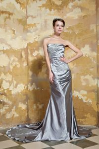 Silver Green Court Train Prom Pageant Dress with Beading on Sale