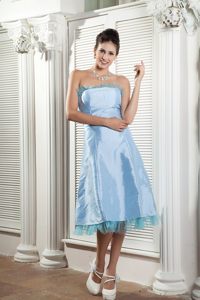 Ruched A-line Light Blue Prom Homecoming Dresses of Tea Length