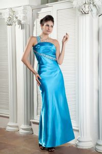 Teal Ankle Length Beaded Ruched Prom Homecoming Dress One Shoulder