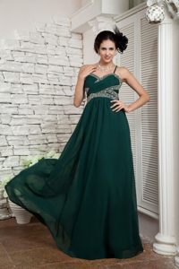 Beaded and Ruched Dark Green Prom Celebrity Dresses with Straps