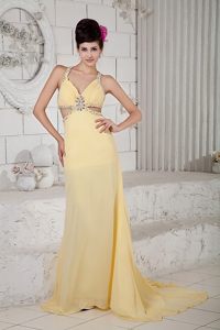 Beaded Yellow Brush Train Prom Celebrity Dress with Criss Cross