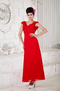 Red V-neck Beading Prom Celebrity Dress of Ankle Length for Cheap