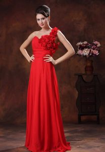Flowery One Shoulder Red Long Ruched Chiffon Prom Holiday Dress
