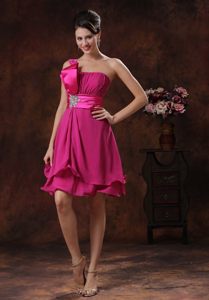 Beading and Ruches Accent One Shoulder Prom Holiday Dress in Fuchsia