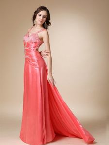 Straps Beading Ruches Watteau Train Prom Holiday Dress in Watermelon