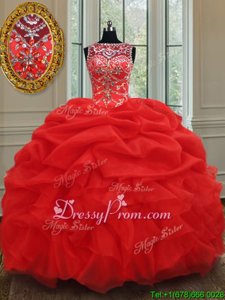 Beauteous Red Ball Gowns Beading and Ruffles Quinceanera Dress Lace Up Organza Sleeveless Floor Length