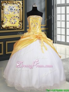 Customized Sleeveless Lace Up Floor Length Beading and Pick Ups and Hand Made Flower Quince Ball Gowns