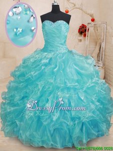 Dazzling Aqua Blue Sweetheart Neckline Beading and Ruffles Quinceanera Gowns Sleeveless Lace Up
