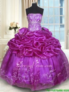 Perfect Strapless Sleeveless Vestidos de Quinceanera Floor Length Beading and Embroidery and Pick Ups Eggplant Purple Organza