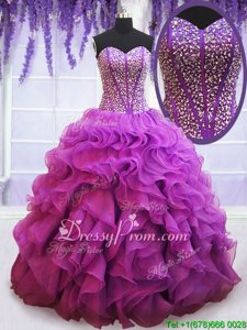 On Sale Eggplant Purple Sleeveless Organza Lace Up Vestidos de Quinceanera forMilitary Ball and Sweet 16 and Quinceanera