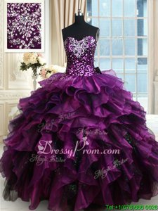 Exquisite Eggplant Purple Lace Up 15 Quinceanera Dress Beading and Ruffles and Ruffled Layers and Sequins Sleeveless Floor Length