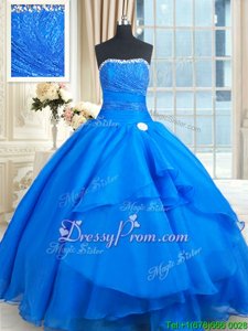 Beauteous Blue Ball Gowns Organza Strapless Sleeveless Beading and Lace and Sequins Floor Length Lace Up 15 Quinceanera Dress Court Train