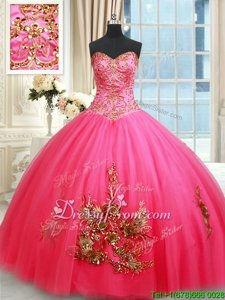 Delicate Floor Length Hot Pink Quinceanera Gown Tulle Sleeveless Spring and Summer and Fall and Winter Beading and Appliques