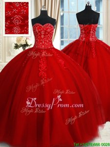 Modern Red Ball Gowns Tulle Sweetheart Sleeveless Beading and Appliques Floor Length Lace Up Vestidos de Quinceanera