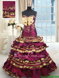 Glamorous Burgundy and Gold Ball Gowns Taffeta Sweetheart Sleeveless Beading and Ruffled Layers and Bowknot With Train Lace Up Sweet 16 Dresses Brush Train