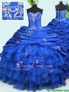 Vintage Organza and Taffeta Sweetheart Sleeveless Court Train Lace Up Beading and Ruffled Layers and Pick Ups Sweet 16 Dresses inRoyal Blue