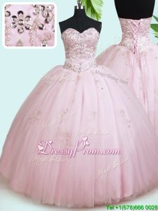 Excellent Baby Pink Lace Up Sweetheart Beading 15th Birthday Dress Tulle Sleeveless