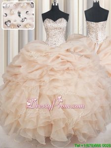 Chic Floor Length Champagne Sweet 16 Dress Organza Sleeveless Spring and Summer and Fall and Winter Beading and Ruffles and Pick Ups