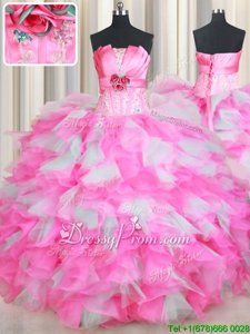 Delicate Pink And White Lace Up Quinceanera Dresses Beading and Ruffles and Hand Made Flower Sleeveless Floor Length