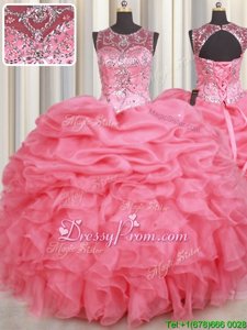 Watermelon Red Lace Up Scoop Beading and Ruffles and Pick Ups 15 Quinceanera Dress Organza Sleeveless