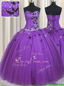 Fantastic Eggplant Purple Quince Ball Gowns Military Ball and Sweet 16 and Quinceanera and For withBeading and Appliques Sweetheart Sleeveless Lace Up