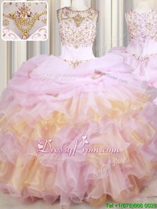 Suitable Sleeveless Court Train Lace Up With Train Beading and Ruffles and Pick Ups Quinceanera Gowns