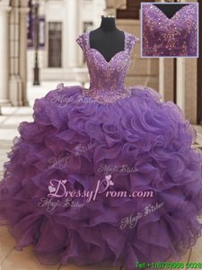 Edgy Eggplant Purple Zipper 15 Quinceanera Dress Beading and Ruffles Cap Sleeves Floor Length