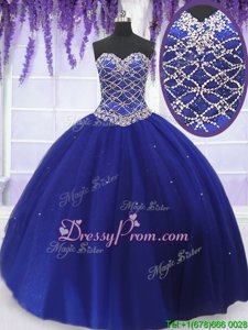 Beauteous Beading Ball Gown Prom Dress Royal Blue Lace Up Sleeveless Floor Length